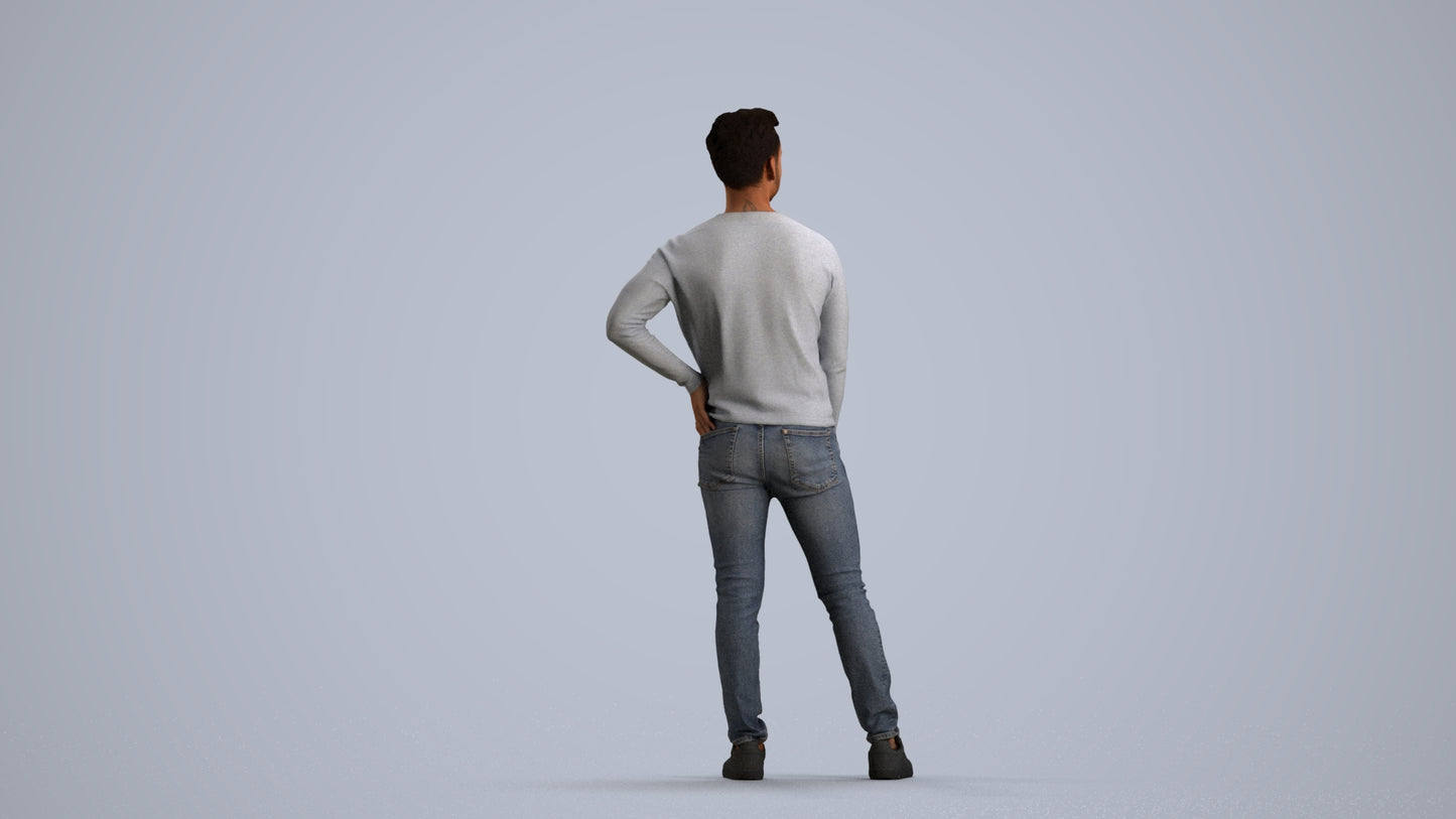 realistic 3D man casual standing, scanned archviz people for Blender and 3ds Max, front view render