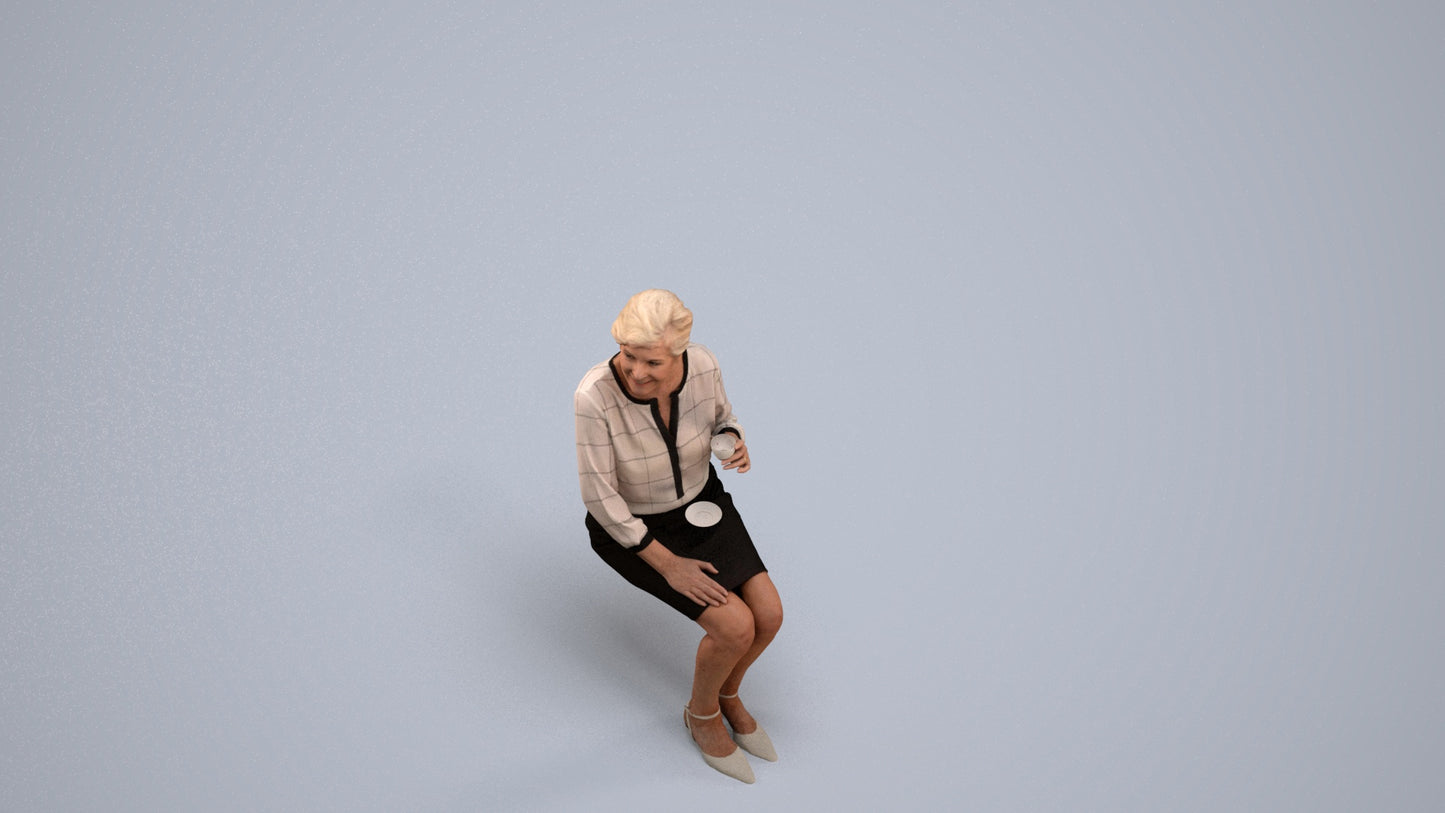 realistic 3D human senior woman casual sitting, archviz people FBX OBJ for Blender, back view render