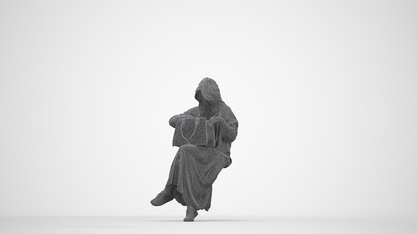 realistic 3D woman casual sitting, scanned archviz people for Blender and 3ds Max, wireframe back view