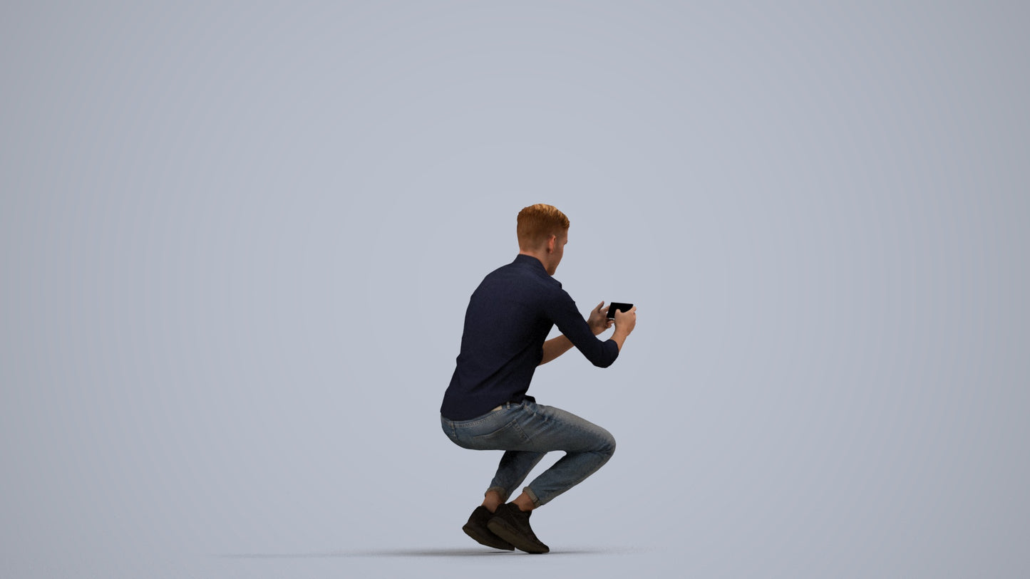 realistic 3D man casual sitting, scanned archviz people for Blender and 3ds Max, side view render