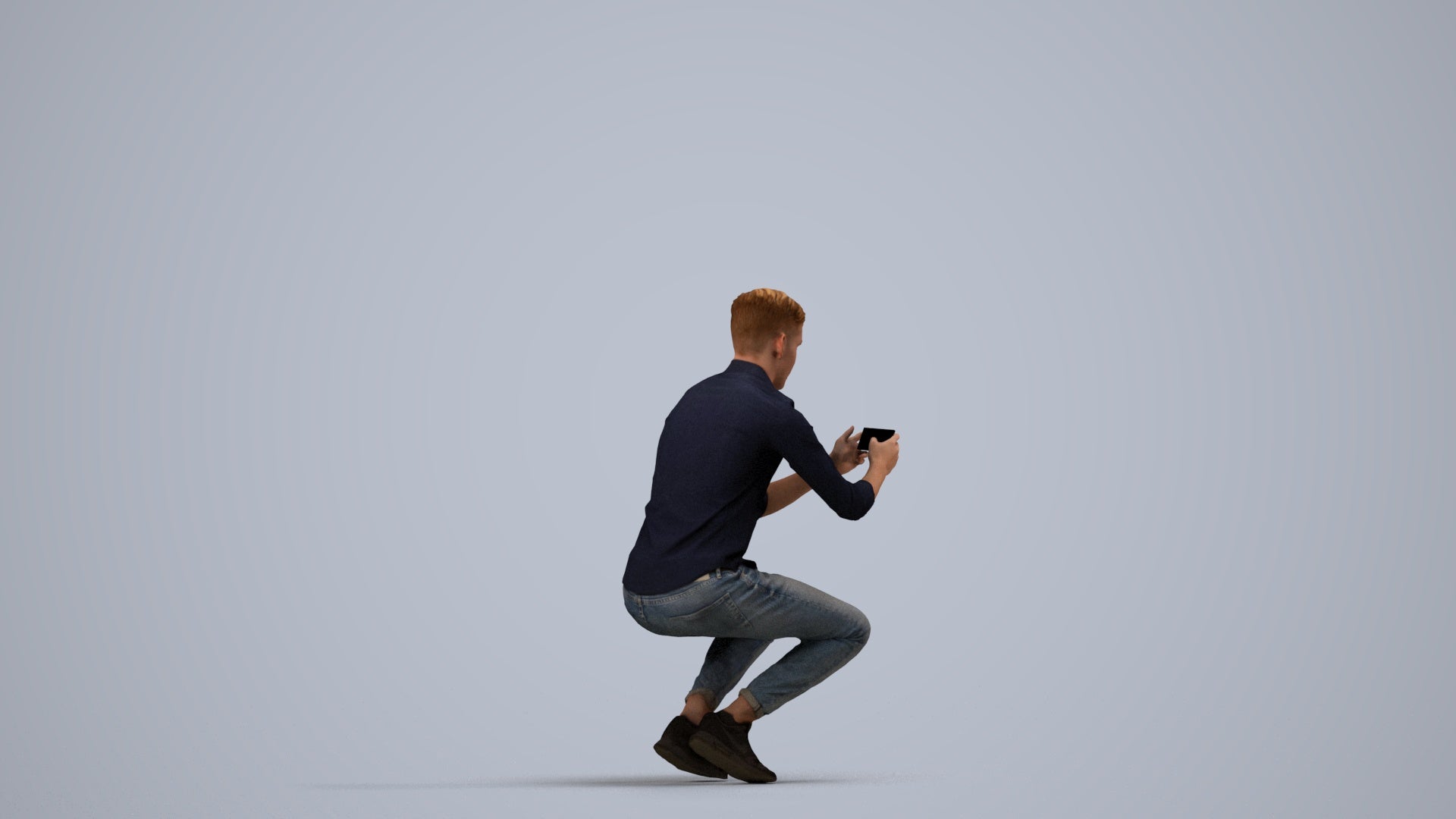 realistic 3D man casual sitting, scanned archviz people for Blender and 3ds Max, side view render