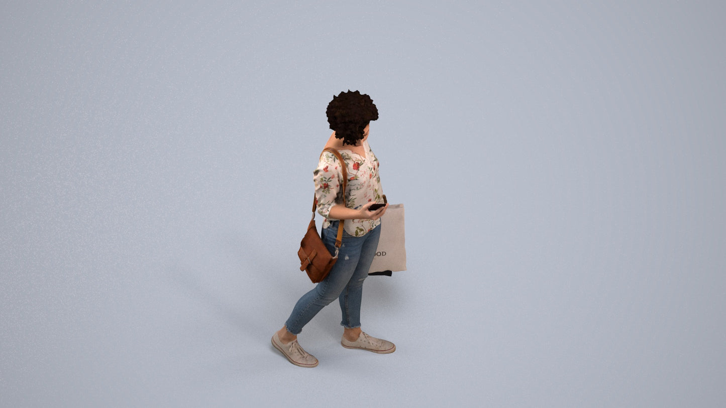 3D human model woman casual standing, photogrammetry scanned person for archviz, back view render