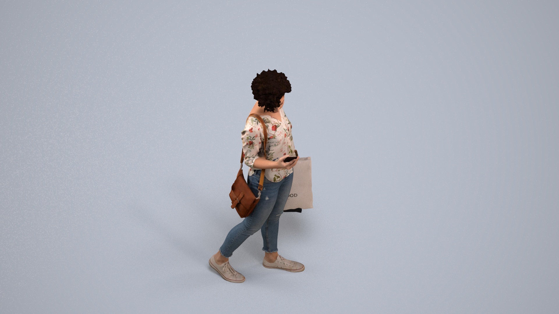 3D human model woman casual standing, photogrammetry scanned person for archviz, back view render
