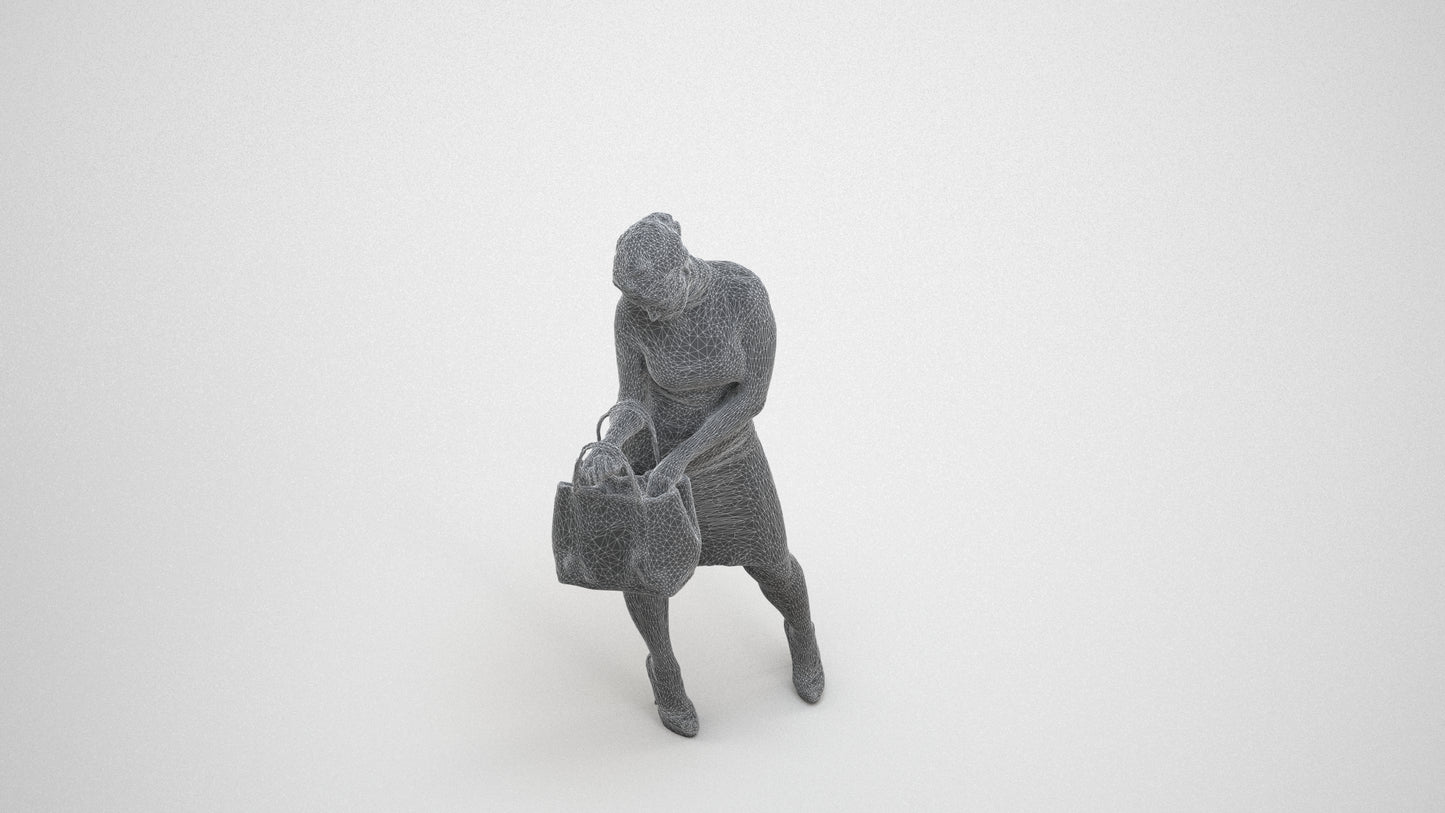 photogrammetry 3D woman business standing, realistic human model archviz FBX, wireframe three-quarter view