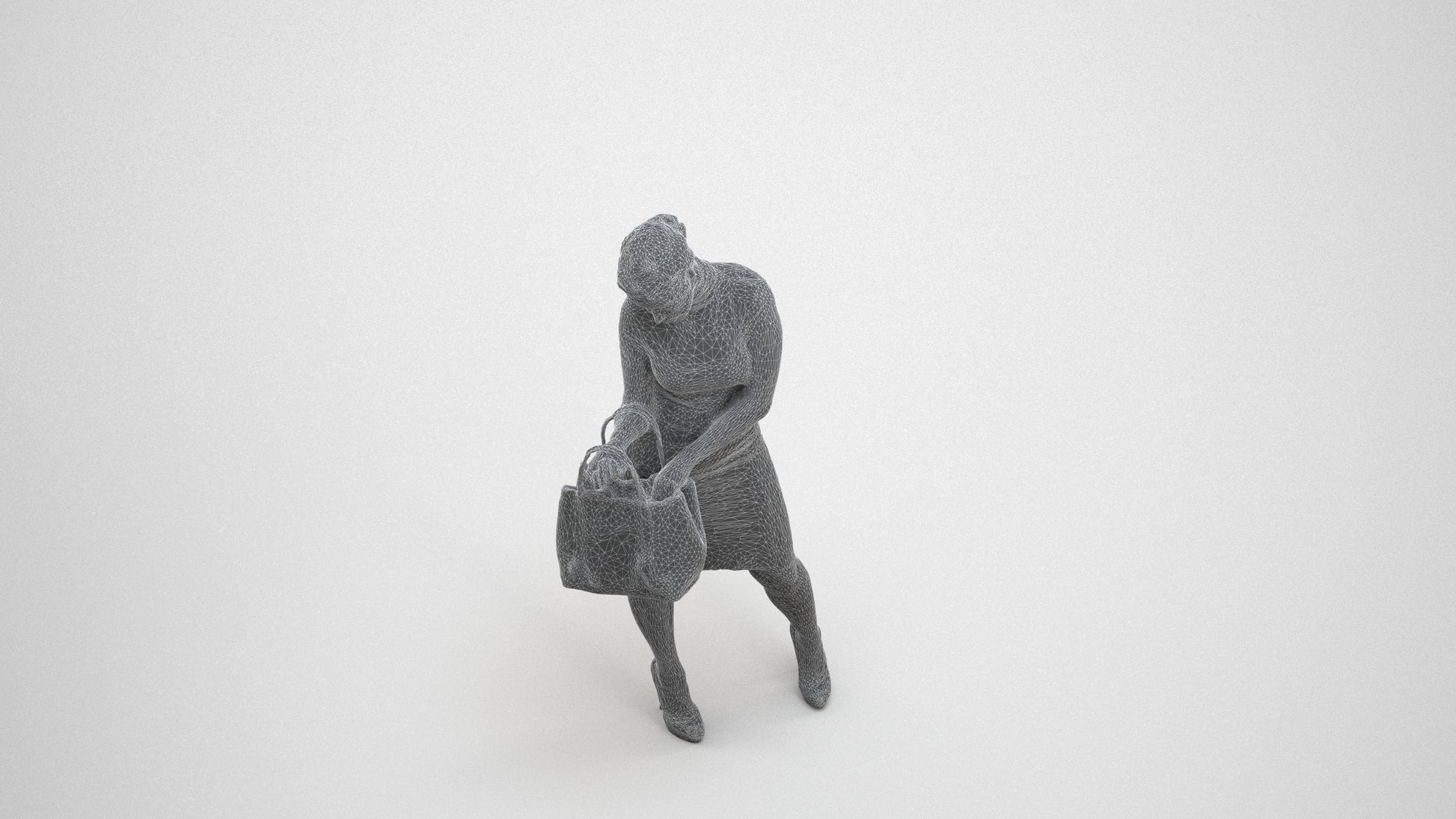 photogrammetry 3D woman business standing, realistic human model archviz FBX, wireframe three-quarter view