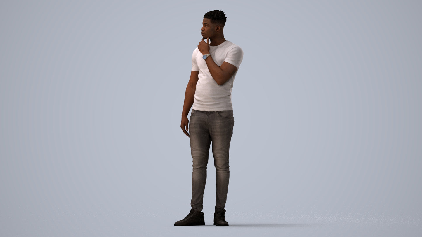 3D human model man casual standing, photogrammetry scanned person for archviz, three-quarter view render