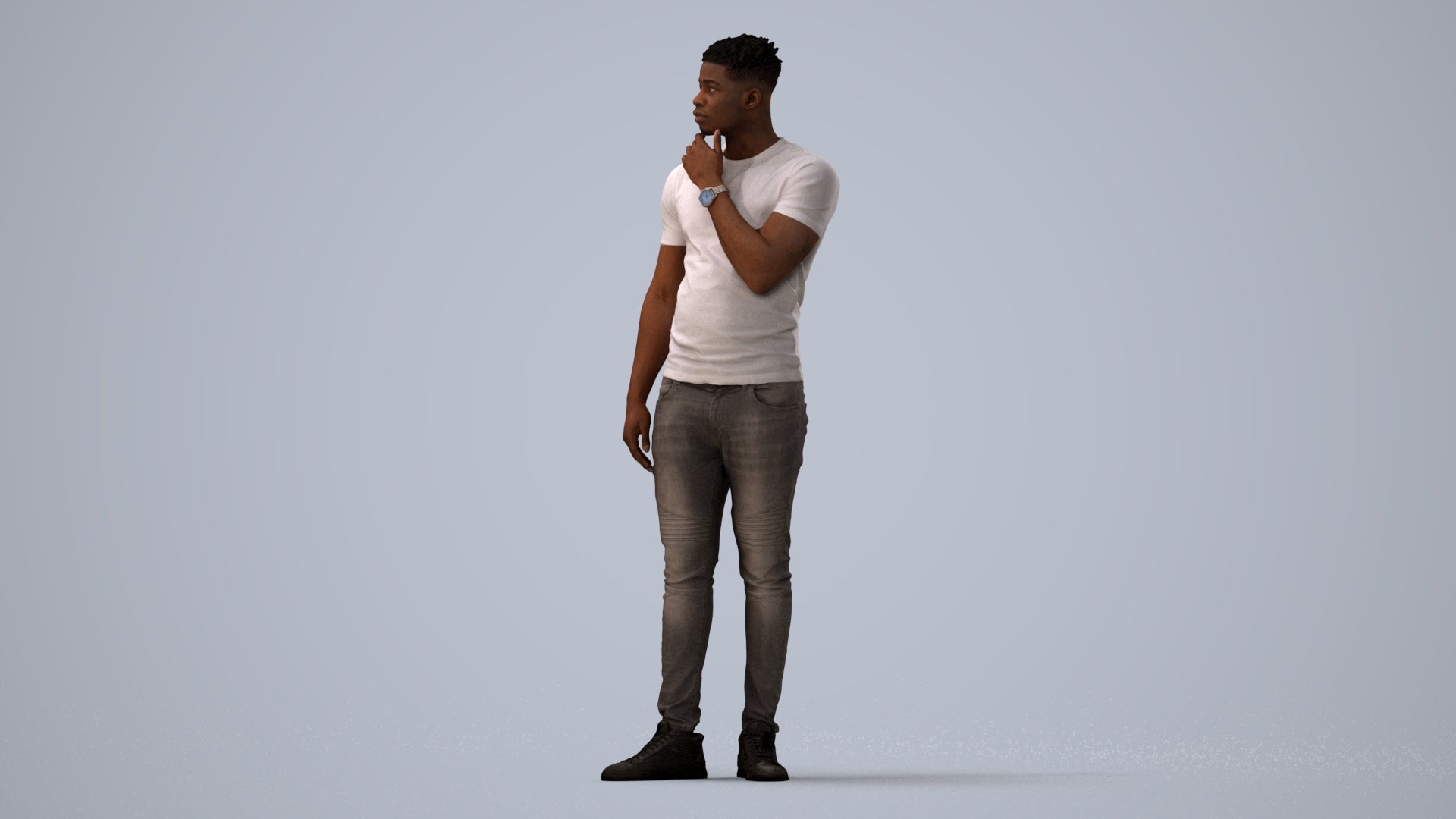 3D human model man casual standing, photogrammetry scanned person for archviz, three-quarter view render