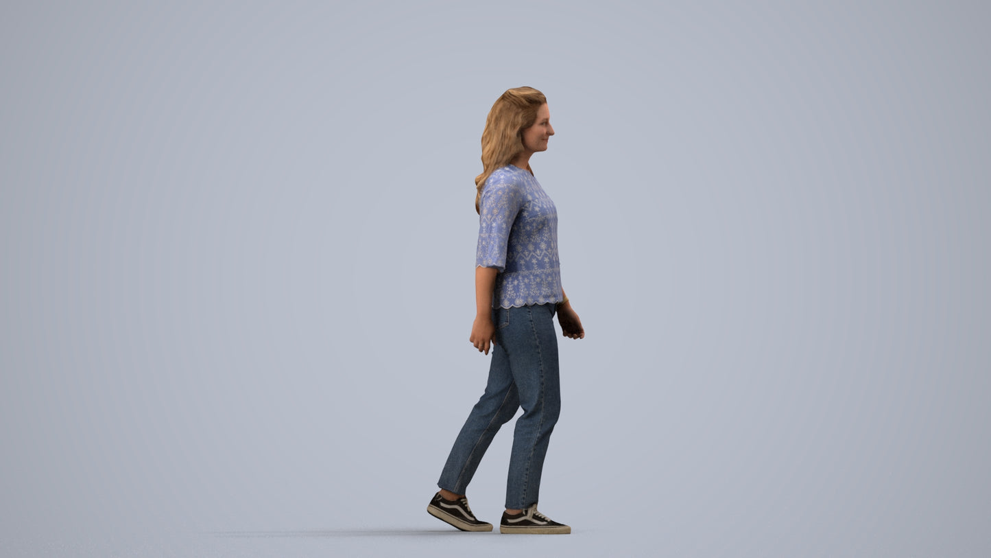 3D scanned woman walking casual, photorealistic archviz people for Enscape and SketchUp, side view render