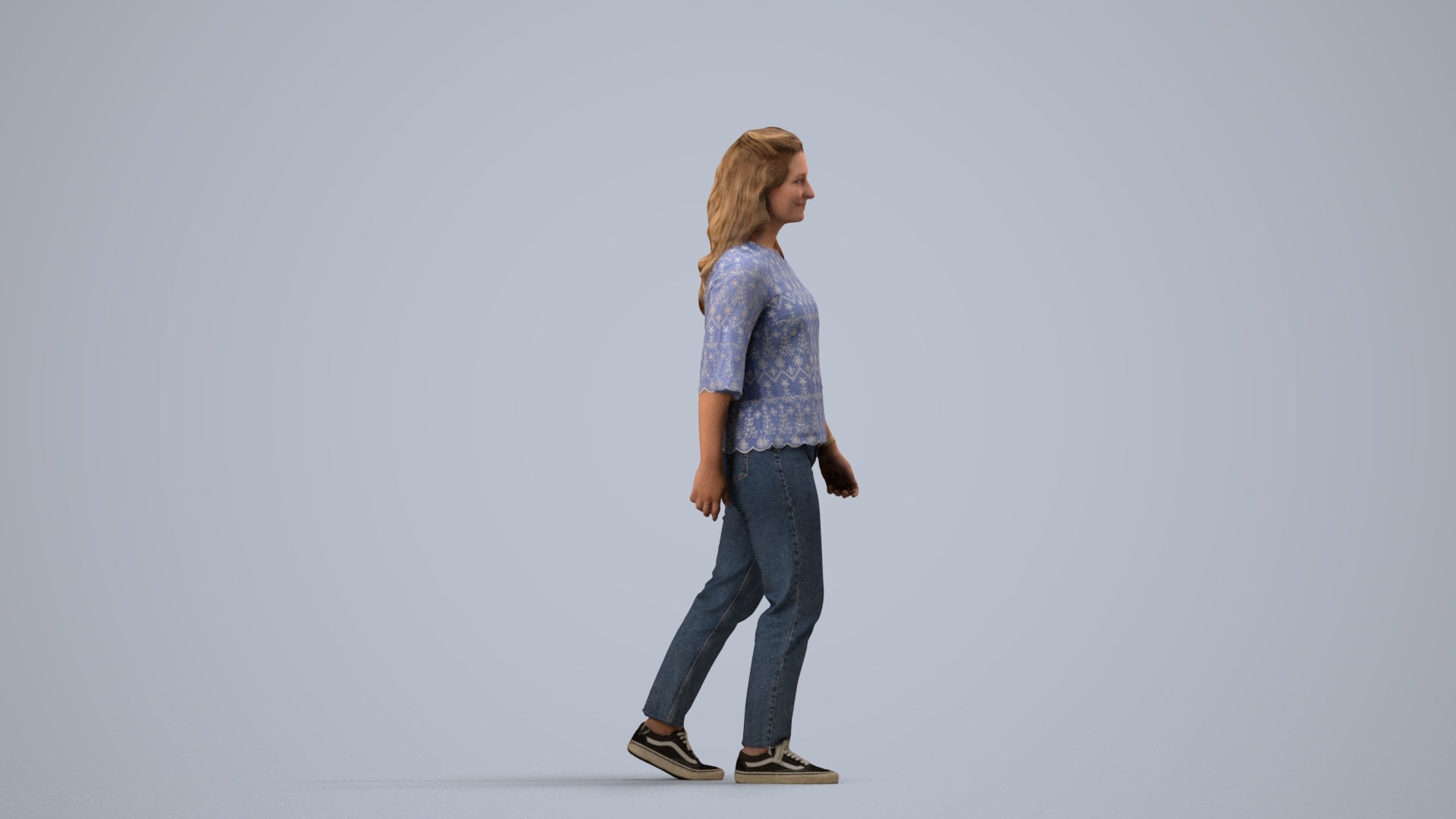 3D scanned woman walking casual, photorealistic archviz people for Enscape and SketchUp, side view render
