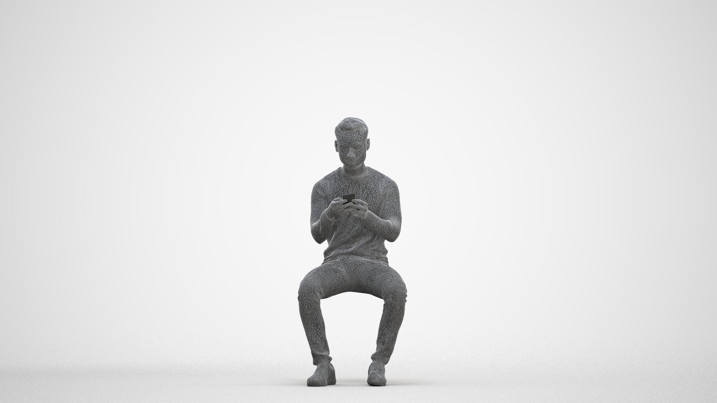 photogrammetry 3D man casual sitting, realistic human model archviz FBX, three-quarter front view render