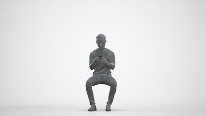 photogrammetry 3D man casual sitting, realistic human model archviz FBX, three-quarter front view render