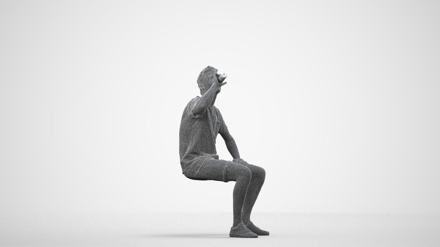 3D scanned man sitting casual, photorealistic archviz people for Enscape and SketchUp, wireframe side view