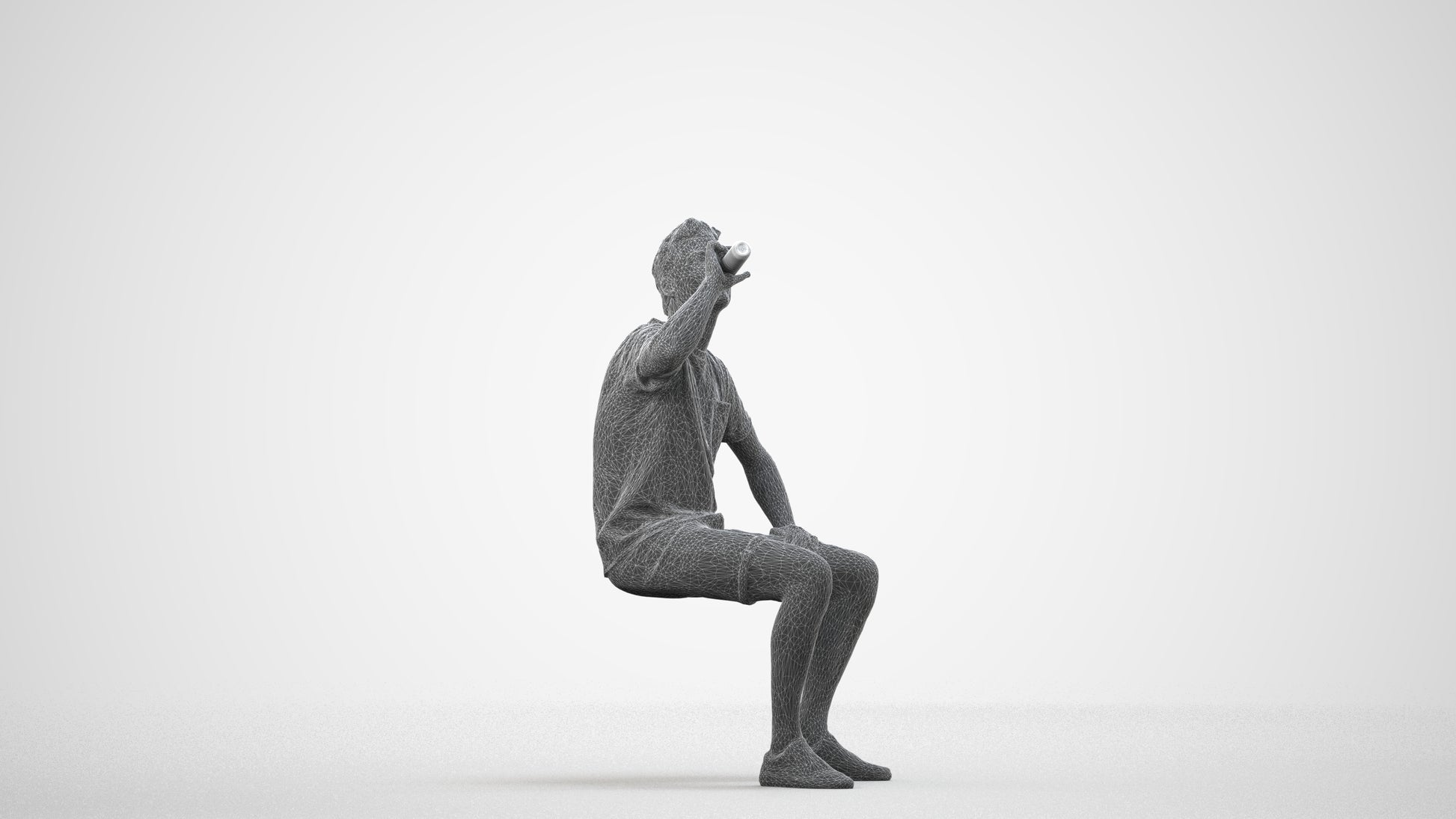 3D scanned man sitting casual, photorealistic archviz people for Enscape and SketchUp, wireframe side view