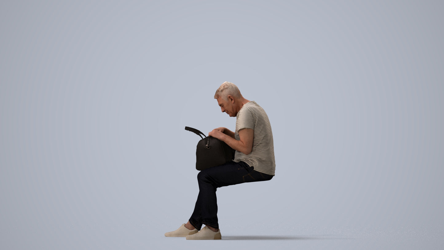 realistic 3D people senior man casual sitting, render-ready for V-Ray and Corona, FBX OBJ, three-quarter view render