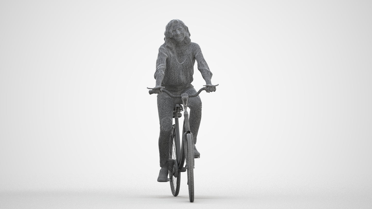 realistic 3D woman casual cycling, scanned archviz people for Blender and 3ds Max, three-quarter front view render