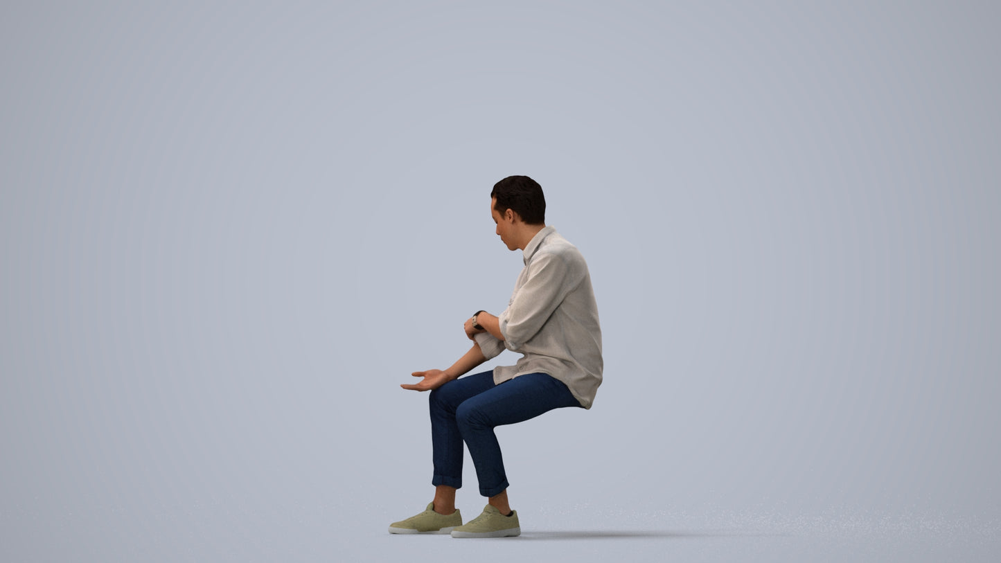 realistic 3D people man casual sitting, render-ready for V-Ray and Corona, FBX OBJ, three-quarter view render
