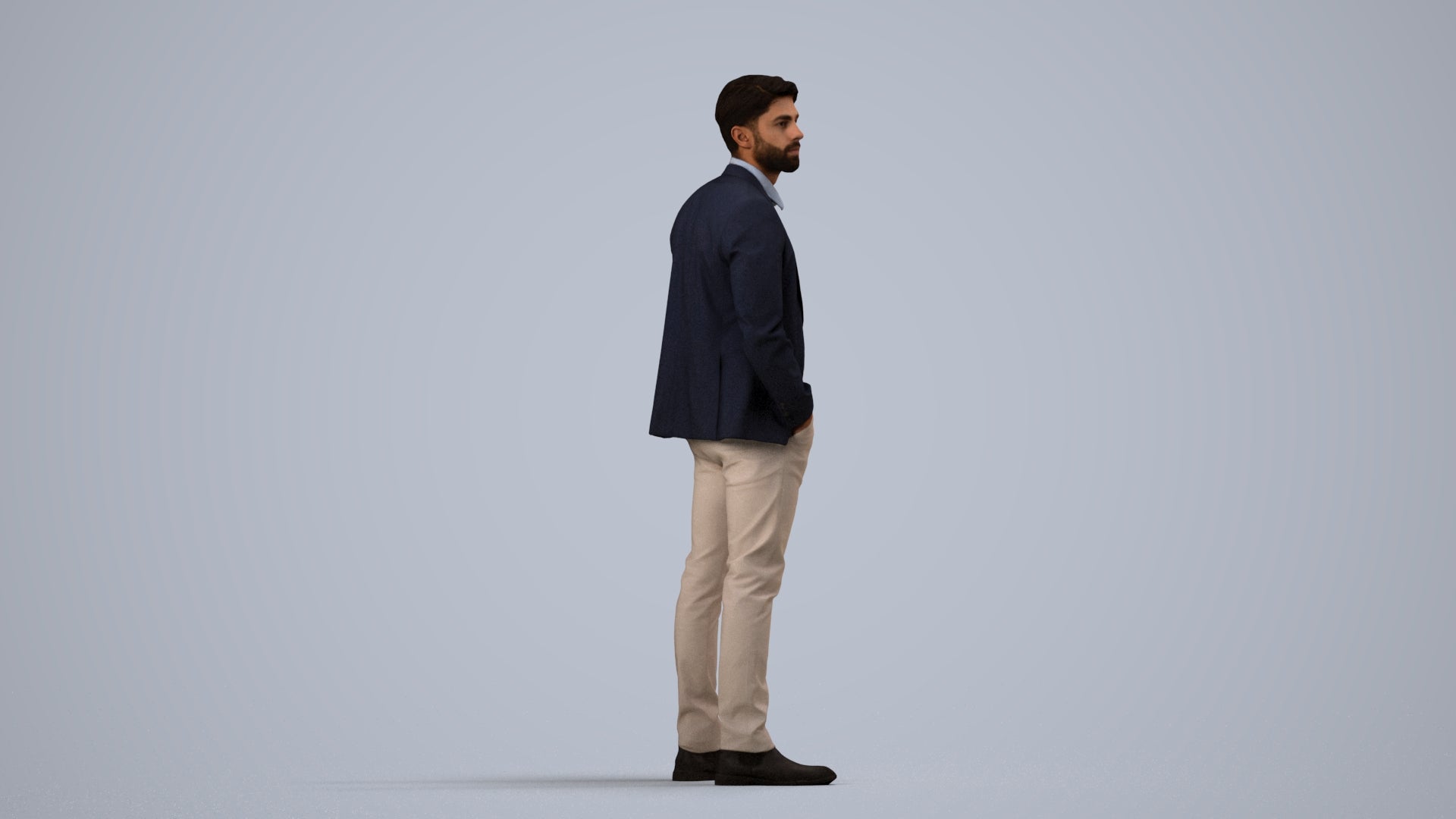 3D human model man business, photogrammetry scanned person for archviz, side view render