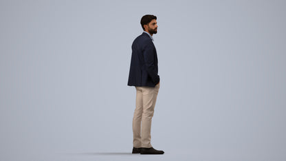 3D human model man business, photogrammetry scanned person for archviz, side view render