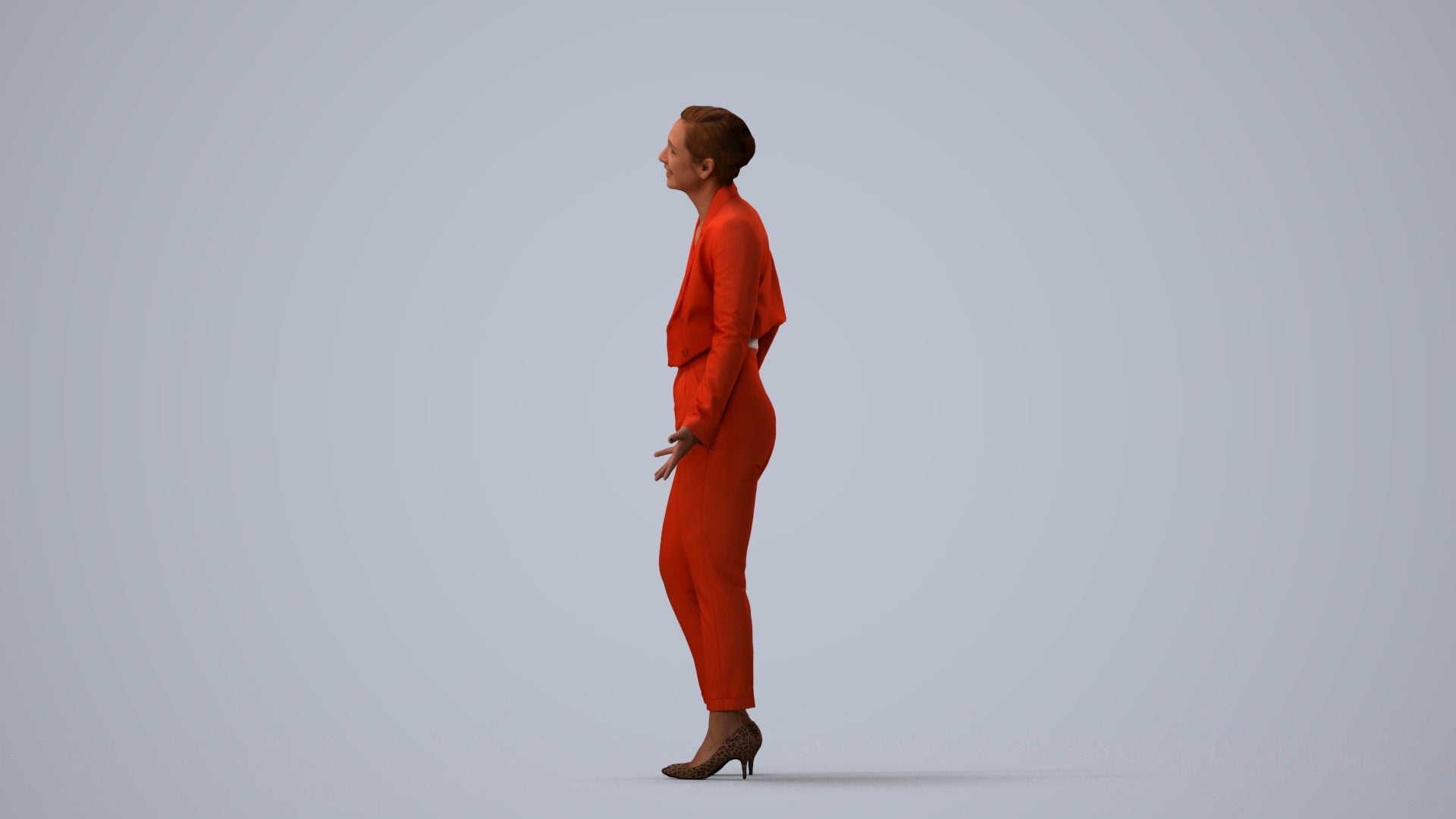 3D human model woman business, photogrammetry scanned person for archviz, three-quarter view render