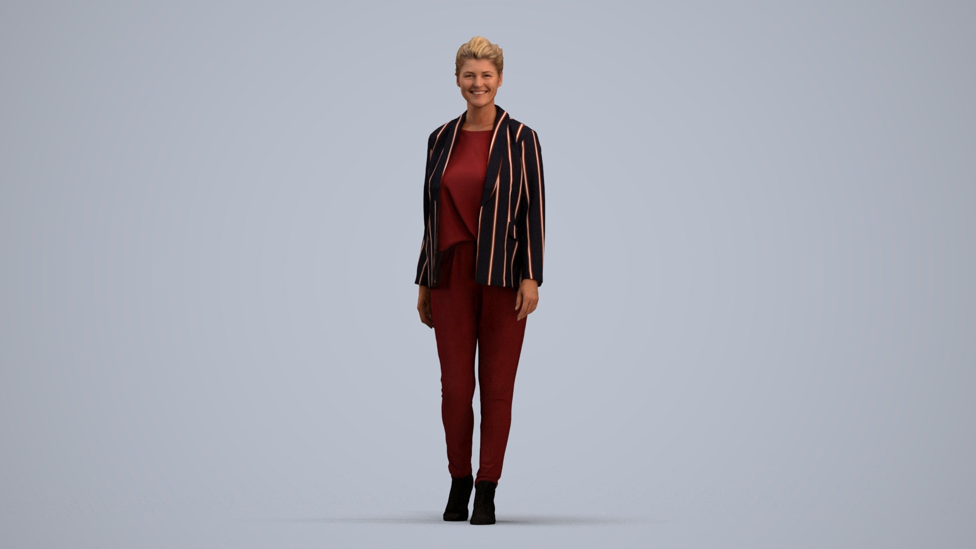 3D scanned woman walking business, photorealistic archviz people for Enscape and SketchUp, standing pose render