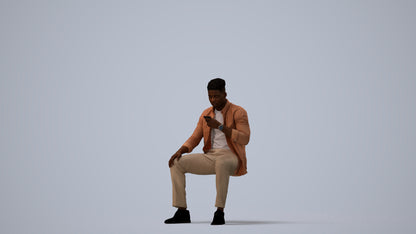 photogrammetry 3D man business sitting, realistic human model archviz FBX, three-quarter view render