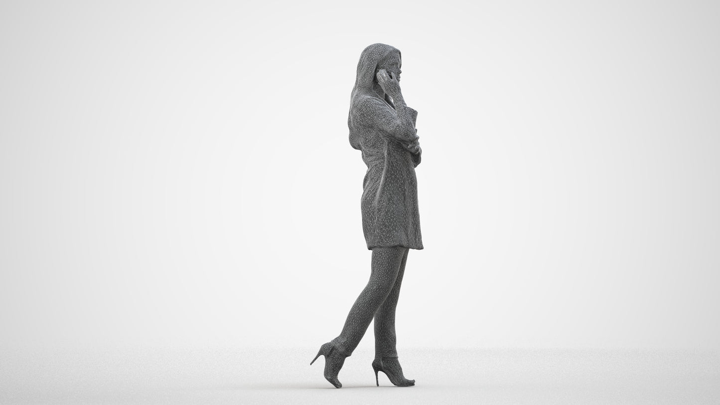 3D human model woman business walking, photogrammetry scanned person for archviz, wireframe side view