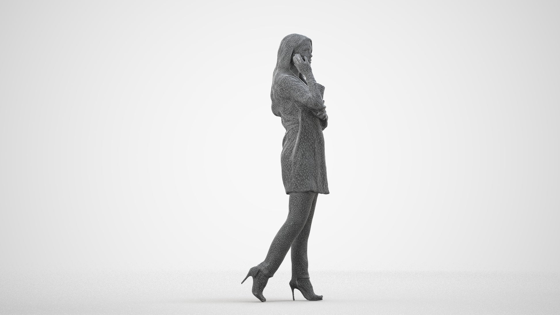 3D human model woman business walking, photogrammetry scanned person for archviz, wireframe side view
