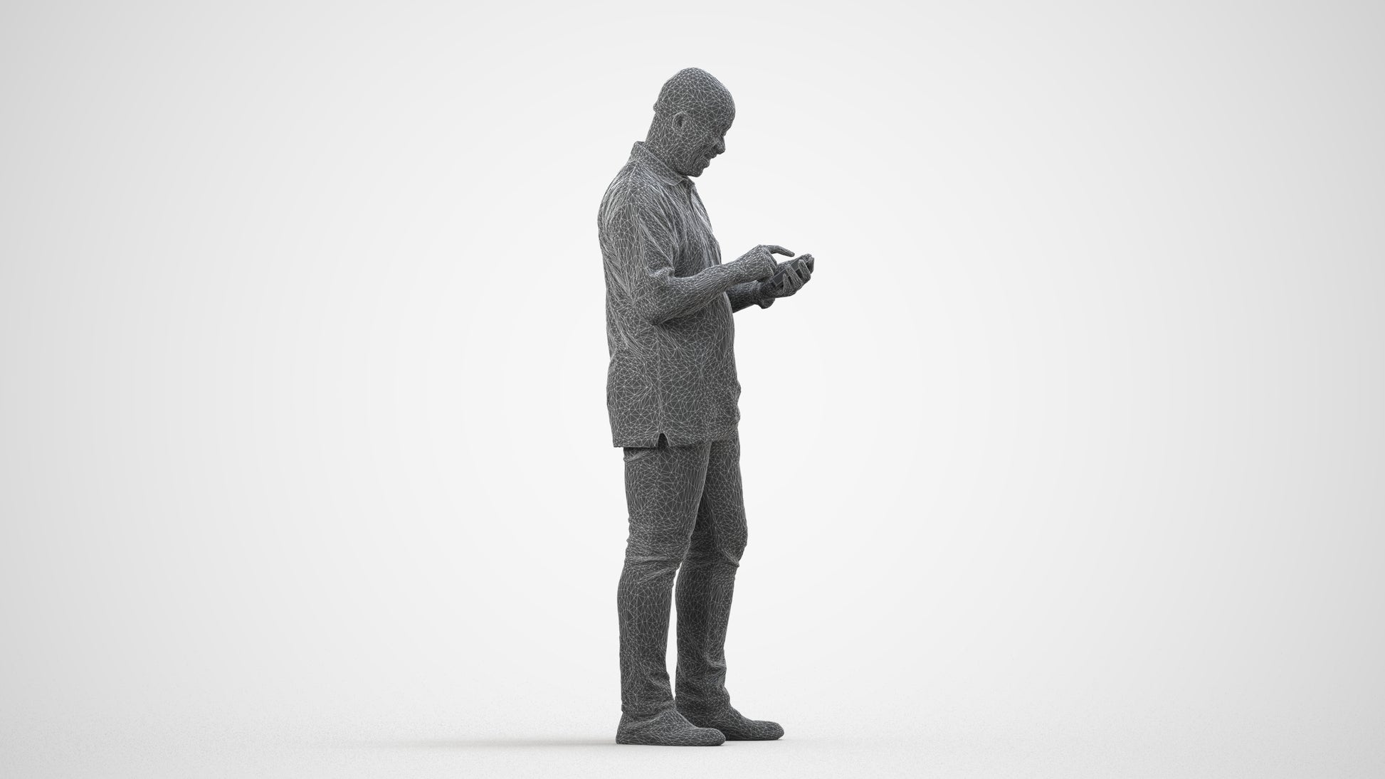 3D human model man casual standing, photogrammetry scanned person for archviz, wireframe side view