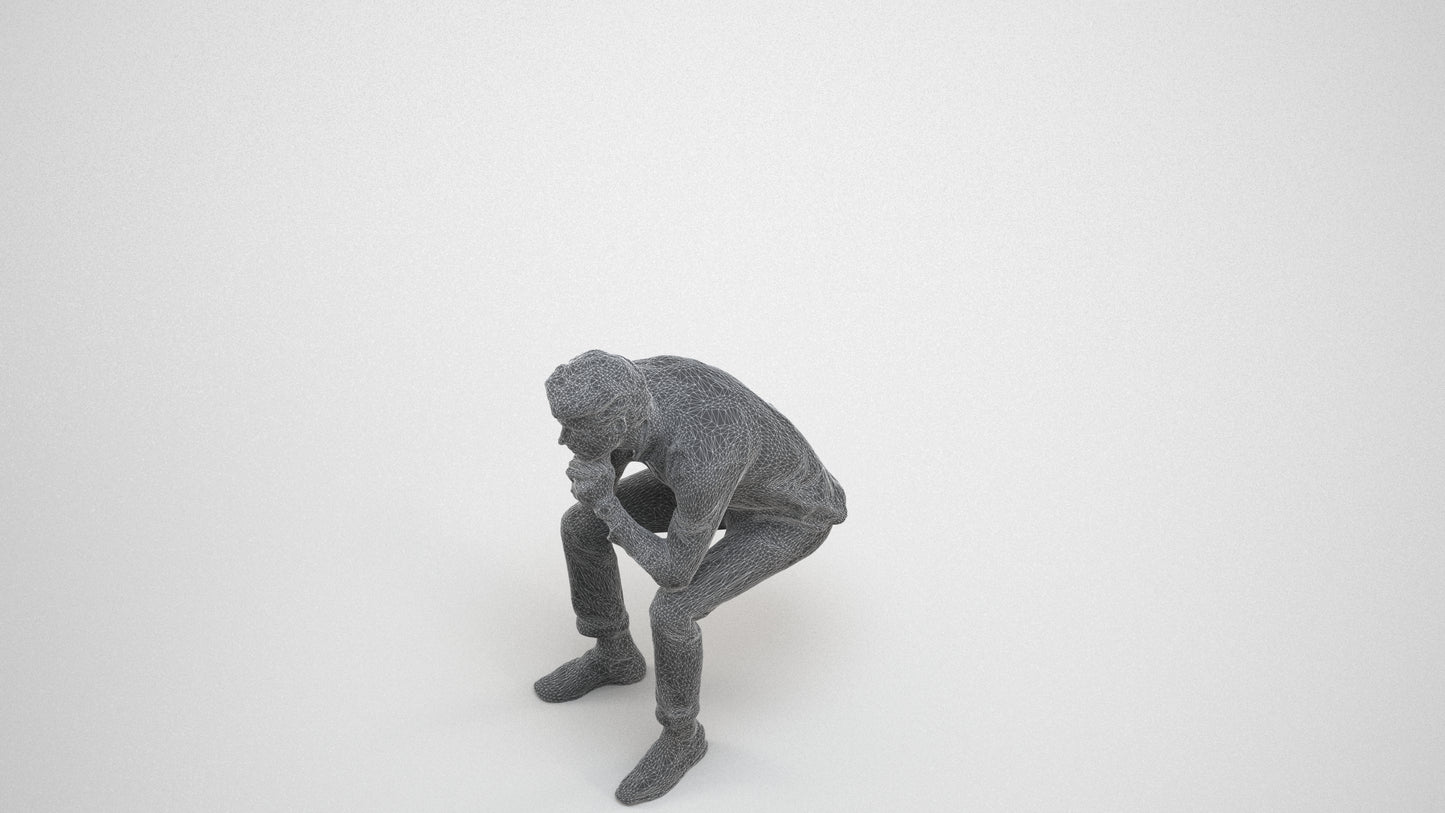 3D people model man casual sitting, scanned human for 3ds Max rendering, wireframe three-quarter view