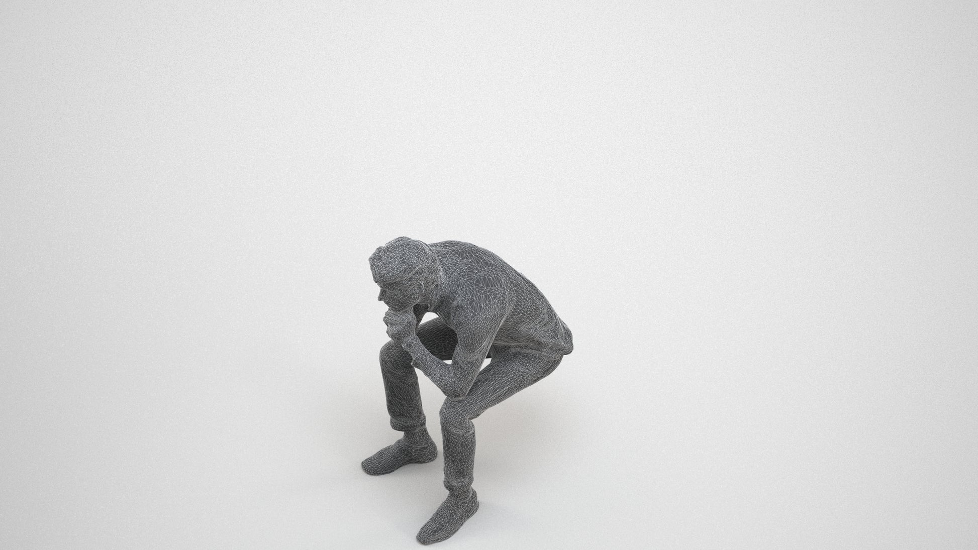 3D people model man casual sitting, scanned human for 3ds Max rendering, wireframe three-quarter view