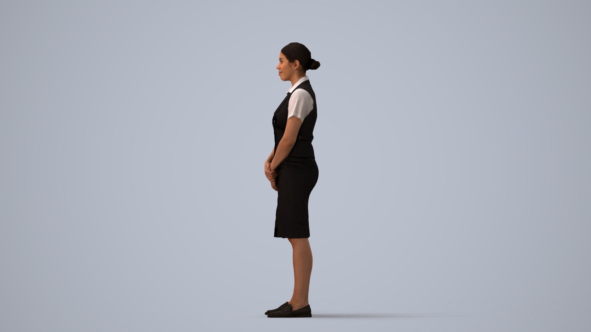 3D scanned woman hospitality, photorealistic archviz people for Enscape and SketchUp, three-quarter view render