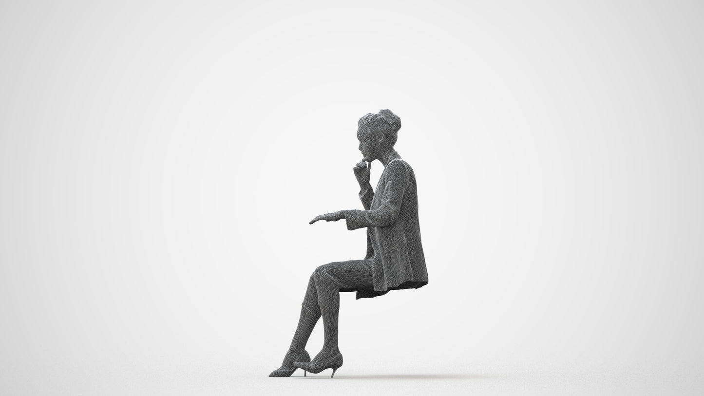 photogrammetry 3D woman business sitting, realistic human model archviz FBX, square thumbnail