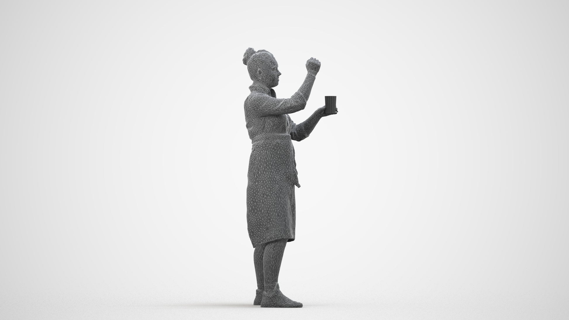 realistic 3D people woman hospitality, render-ready for V-Ray and Corona, FBX OBJ, wireframe side view