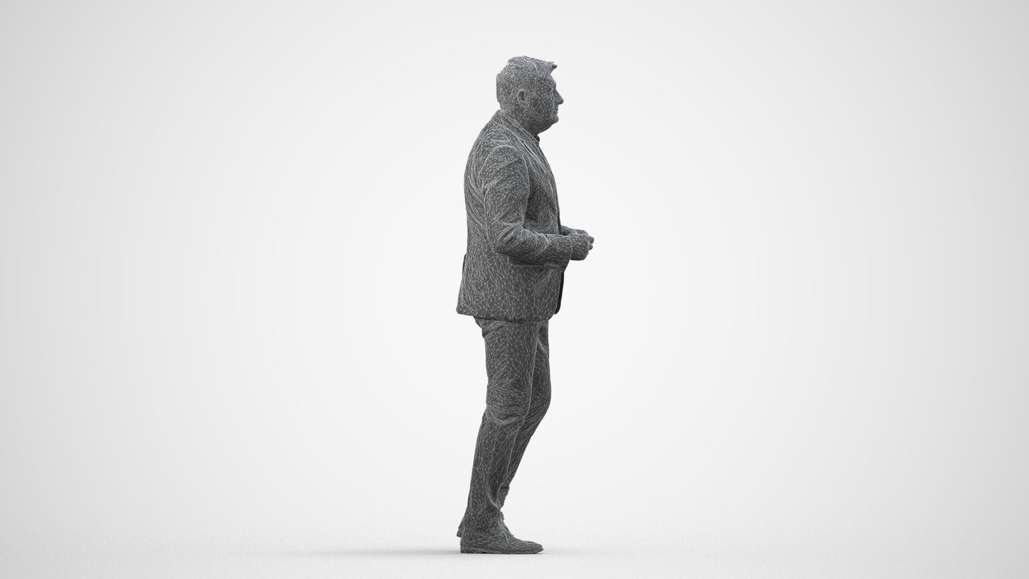 realistic 3D human man business standing, archviz people FBX OBJ for Blender, wireframe side view