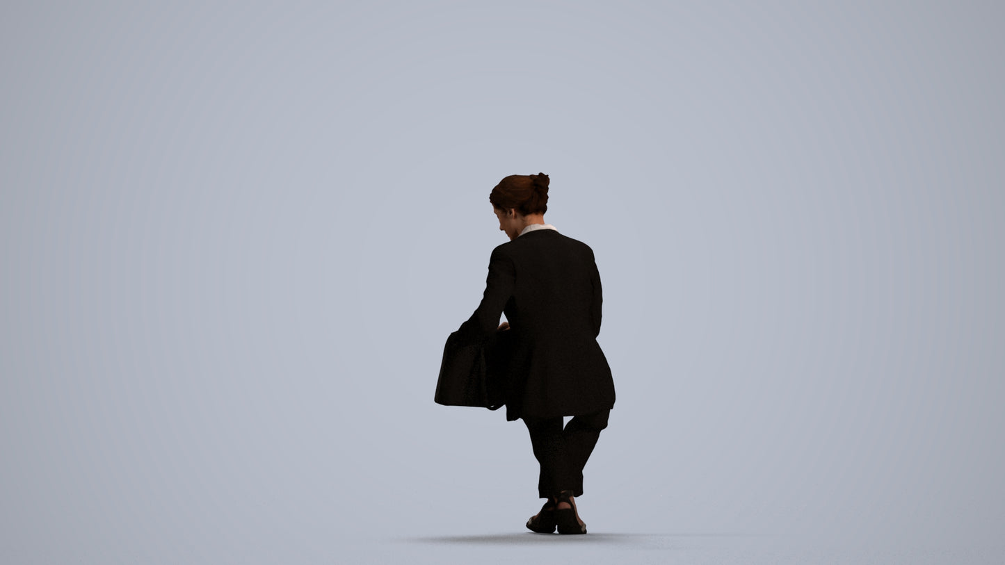3D human model senior woman business sitting, photogrammetry scanned person for archviz, front view render