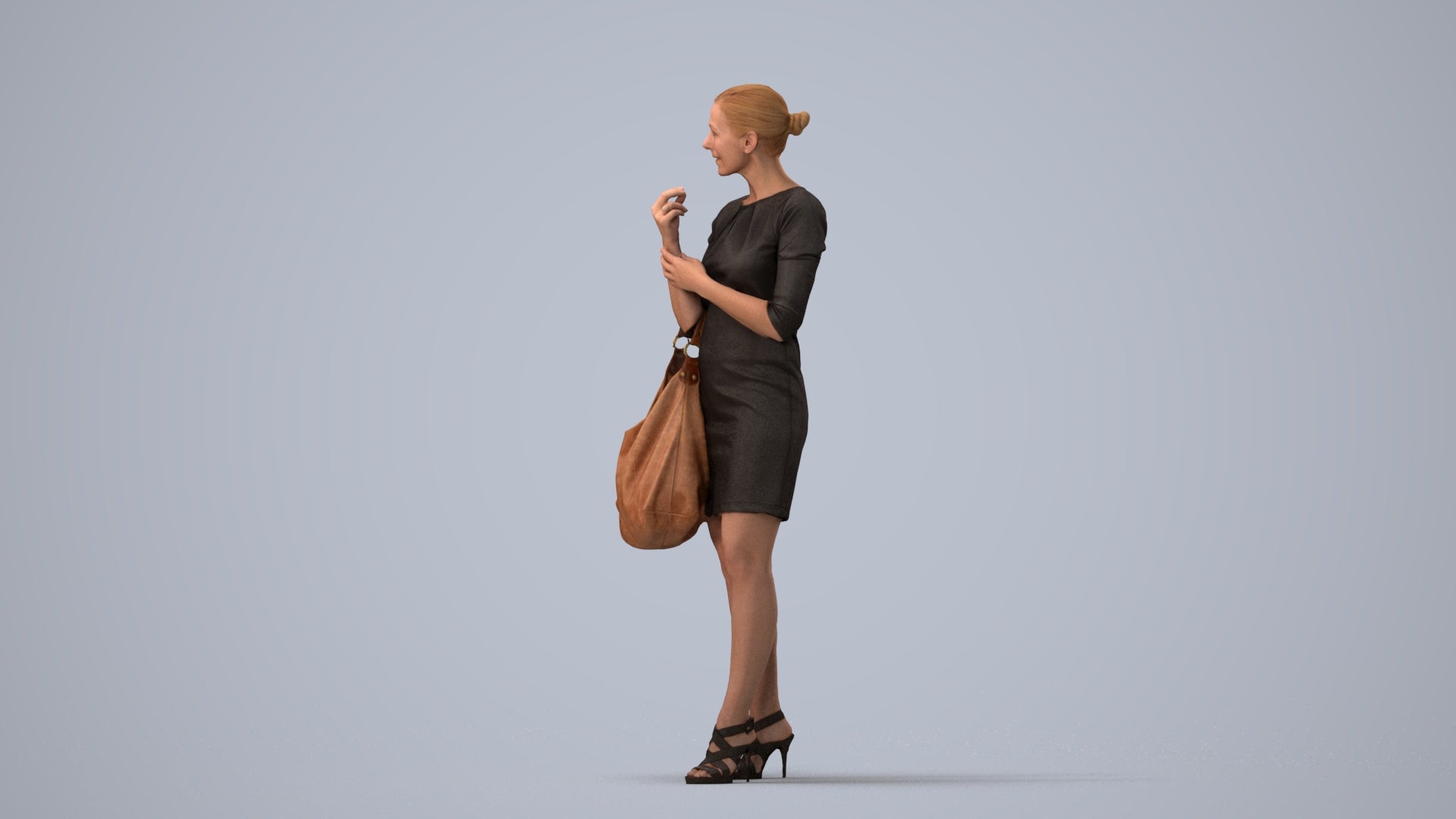 3D people model woman business standing, scanned human for 3ds Max rendering, three-quarter view render