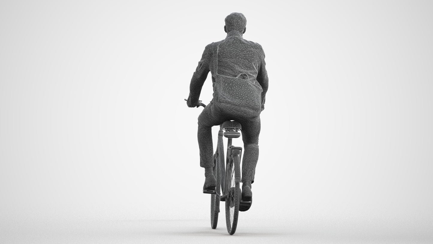 realistic 3D man casual cycling, scanned archviz people for Blender and 3ds Max, wireframe front view