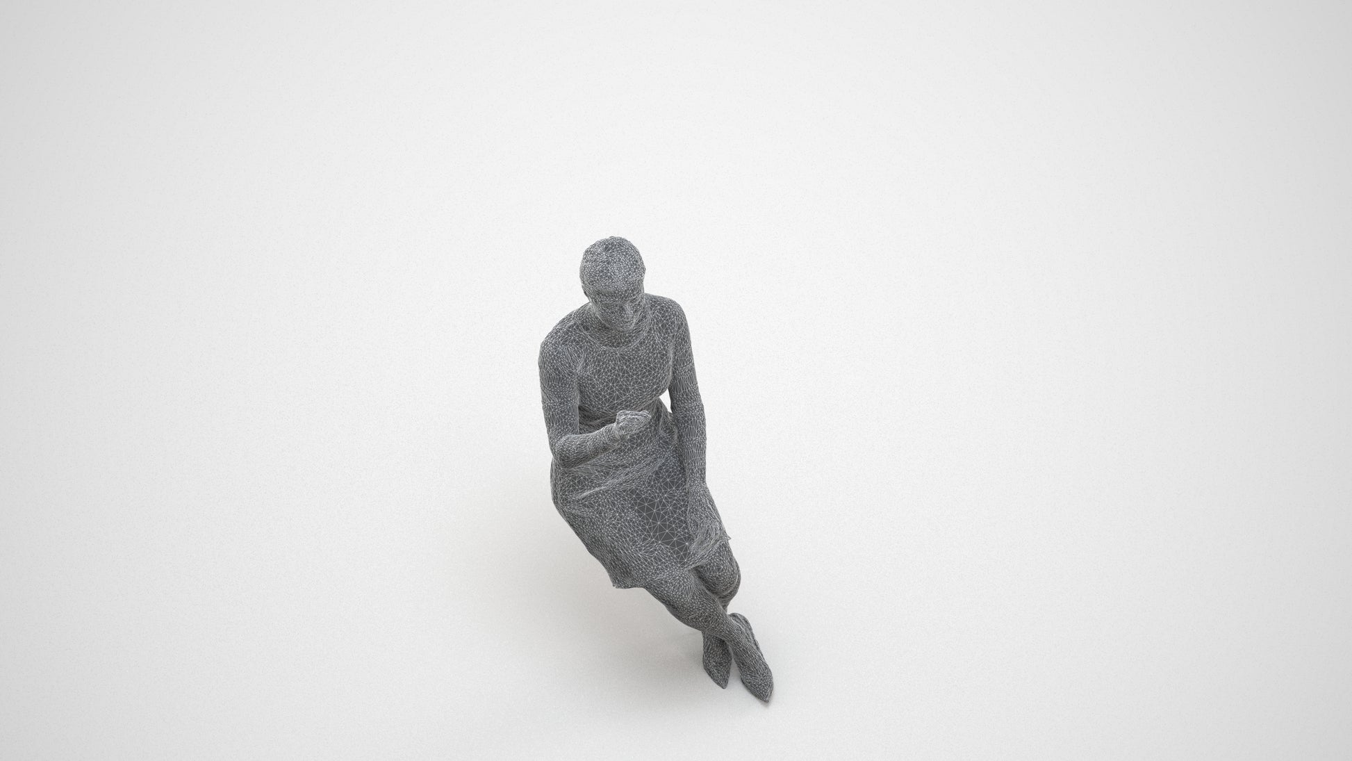 realistic 3D human woman business sitting, archviz people FBX OBJ for Blender, wireframe three-quarter view