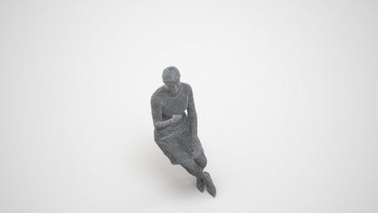 realistic 3D human woman business sitting, archviz people FBX OBJ for Blender, wireframe three-quarter view