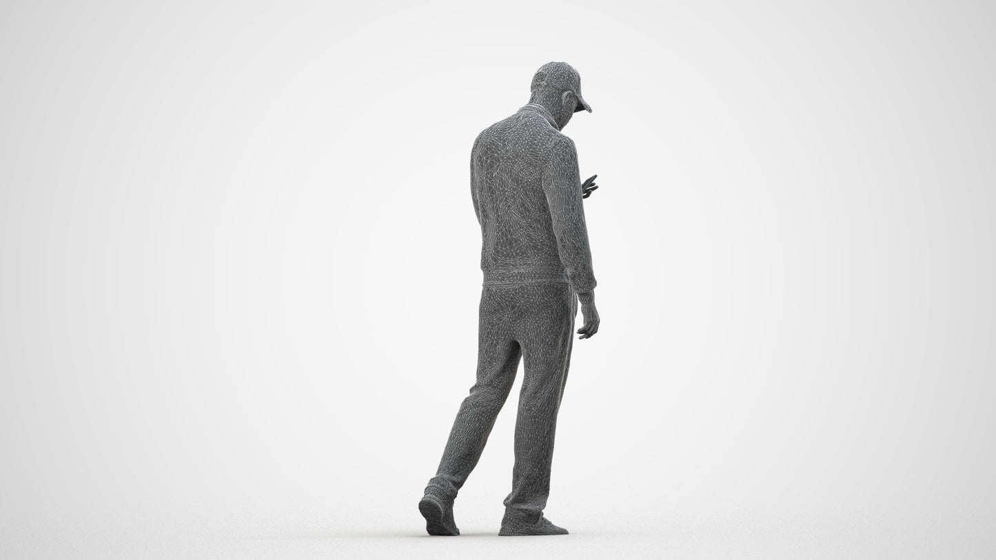 3D human model man sport walking, photogrammetry scanned person for archviz, wireframe side view