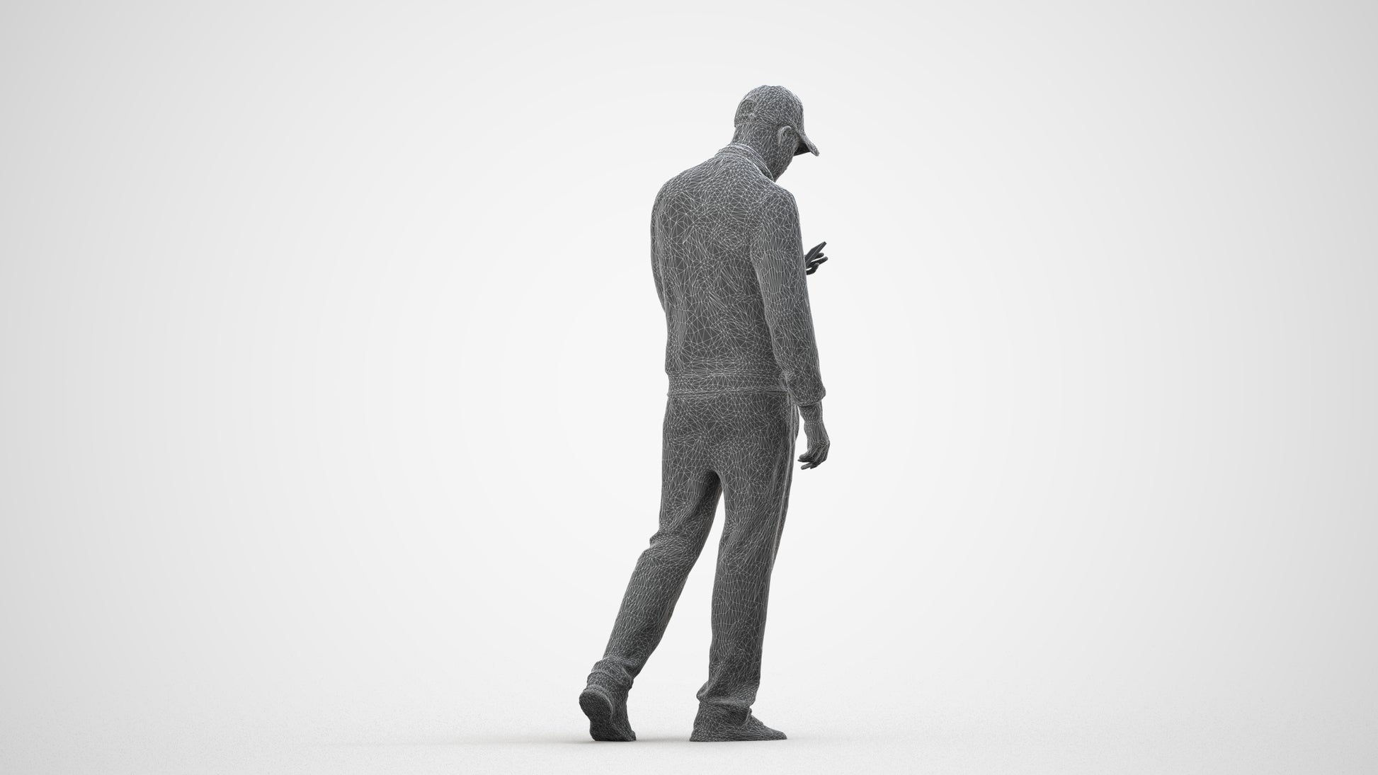 3D human model man sport walking, photogrammetry scanned person for archviz, wireframe side view