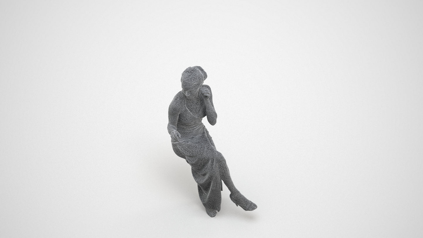 3D human model woman formal formalaffairs, photogrammetry scanned person for archviz, wireframe three-quarter view