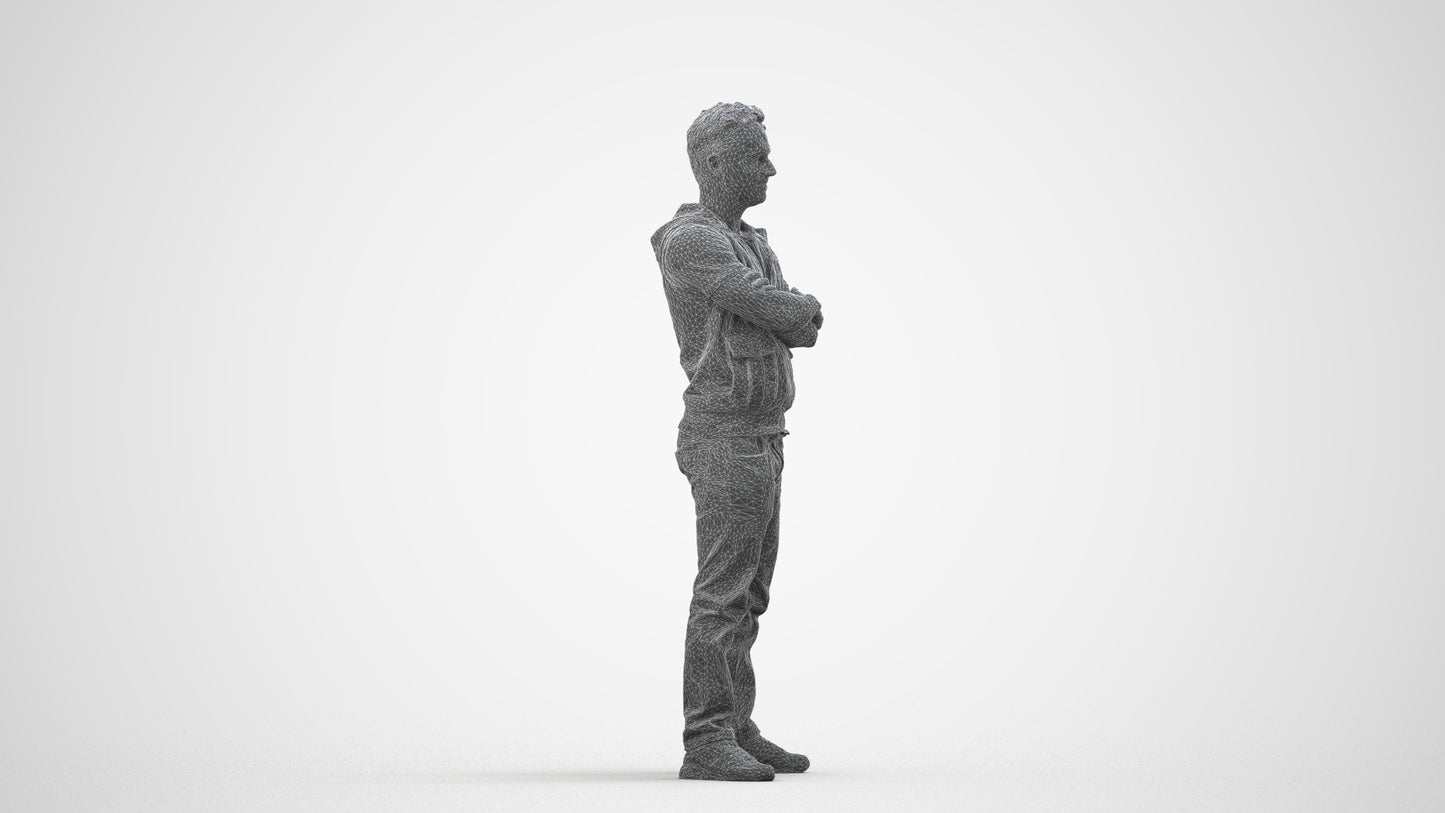 realistic 3D man casual standing, scanned archviz people for Blender and 3ds Max, wireframe side view