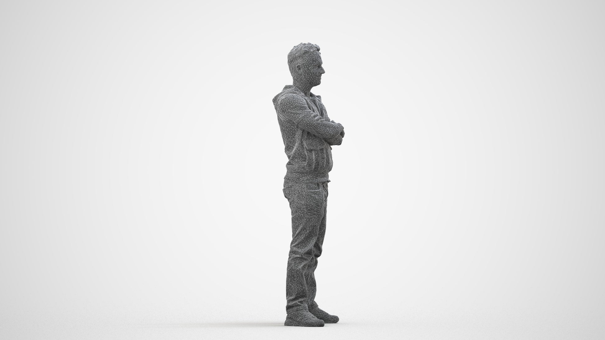 realistic 3D man casual standing, scanned archviz people for Blender and 3ds Max, wireframe side view