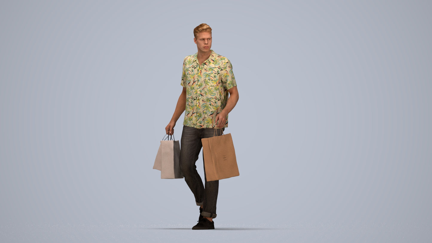 3D human model man casual shopping, photogrammetry scanned person for archviz, top-down view render