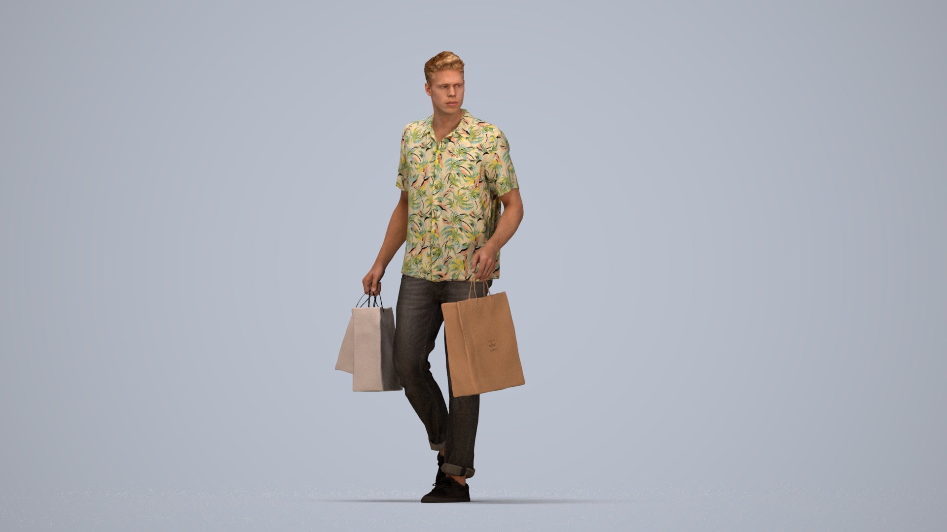 3D human model man casual shopping, photogrammetry scanned person for archviz, top-down view render