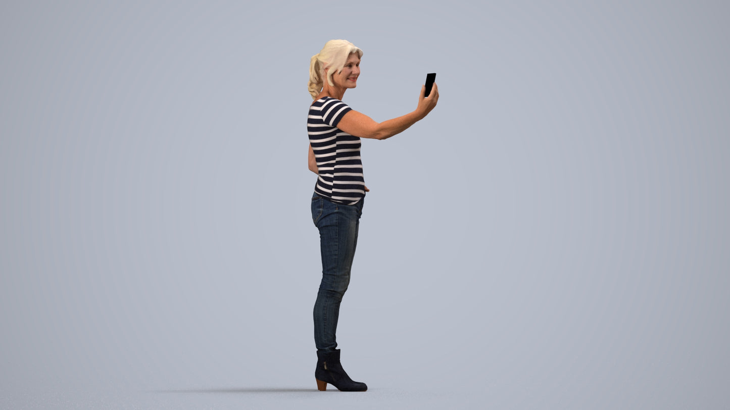 photogrammetry 3D senior woman casual standing, realistic human model archviz FBX, side view render
