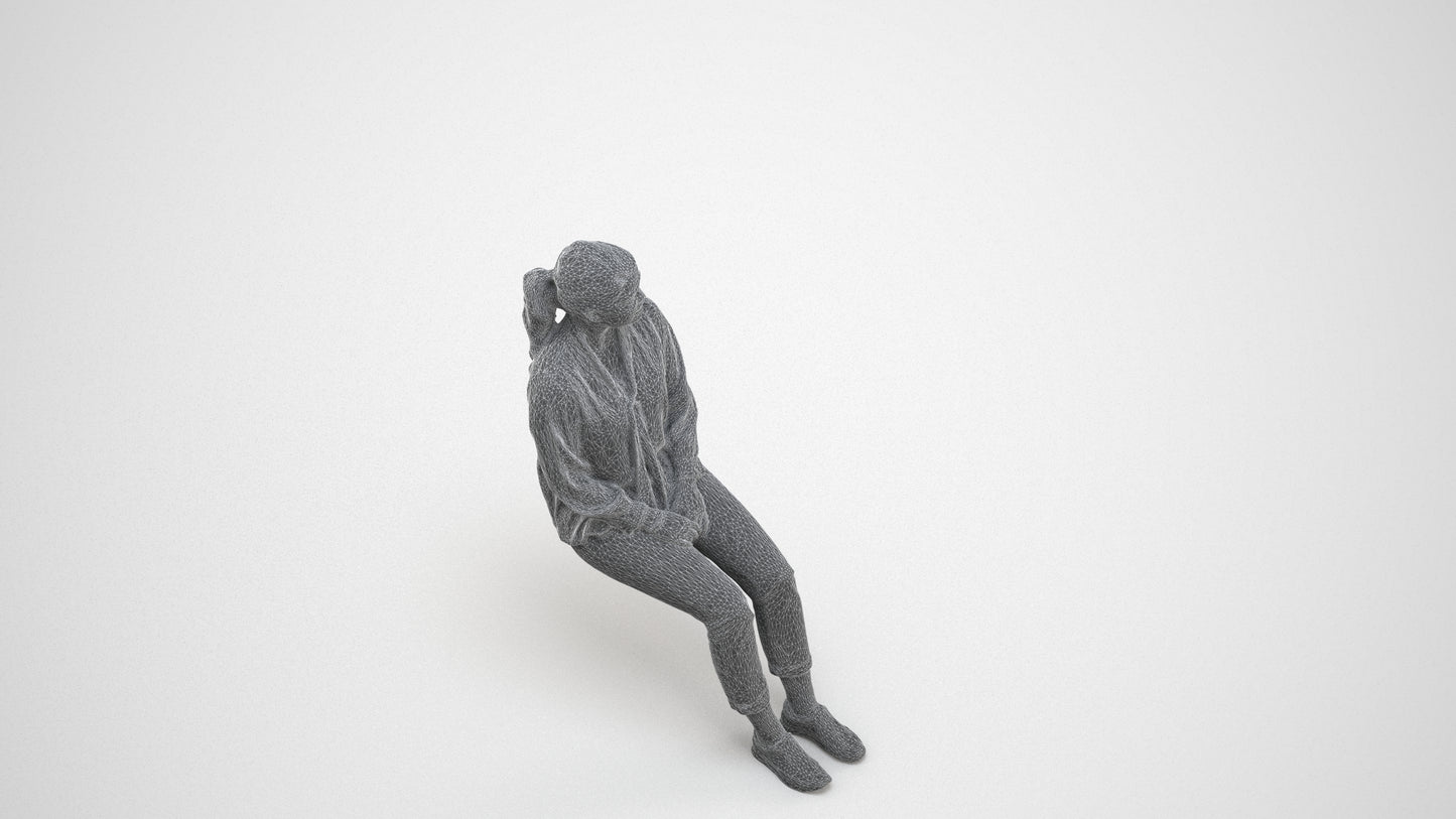 realistic 3D people woman casual sitting, render-ready for V-Ray and Corona, FBX OBJ, wireframe three-quarter view