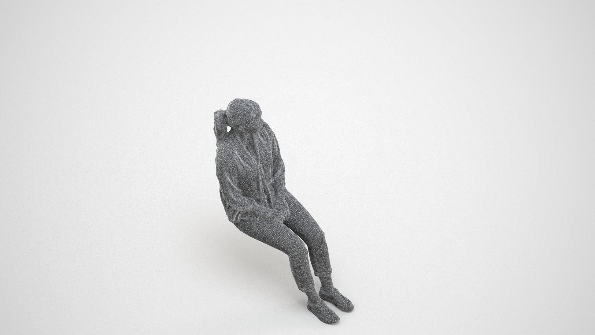 realistic 3D people woman casual sitting, render-ready for V-Ray and Corona, FBX OBJ, wireframe three-quarter view