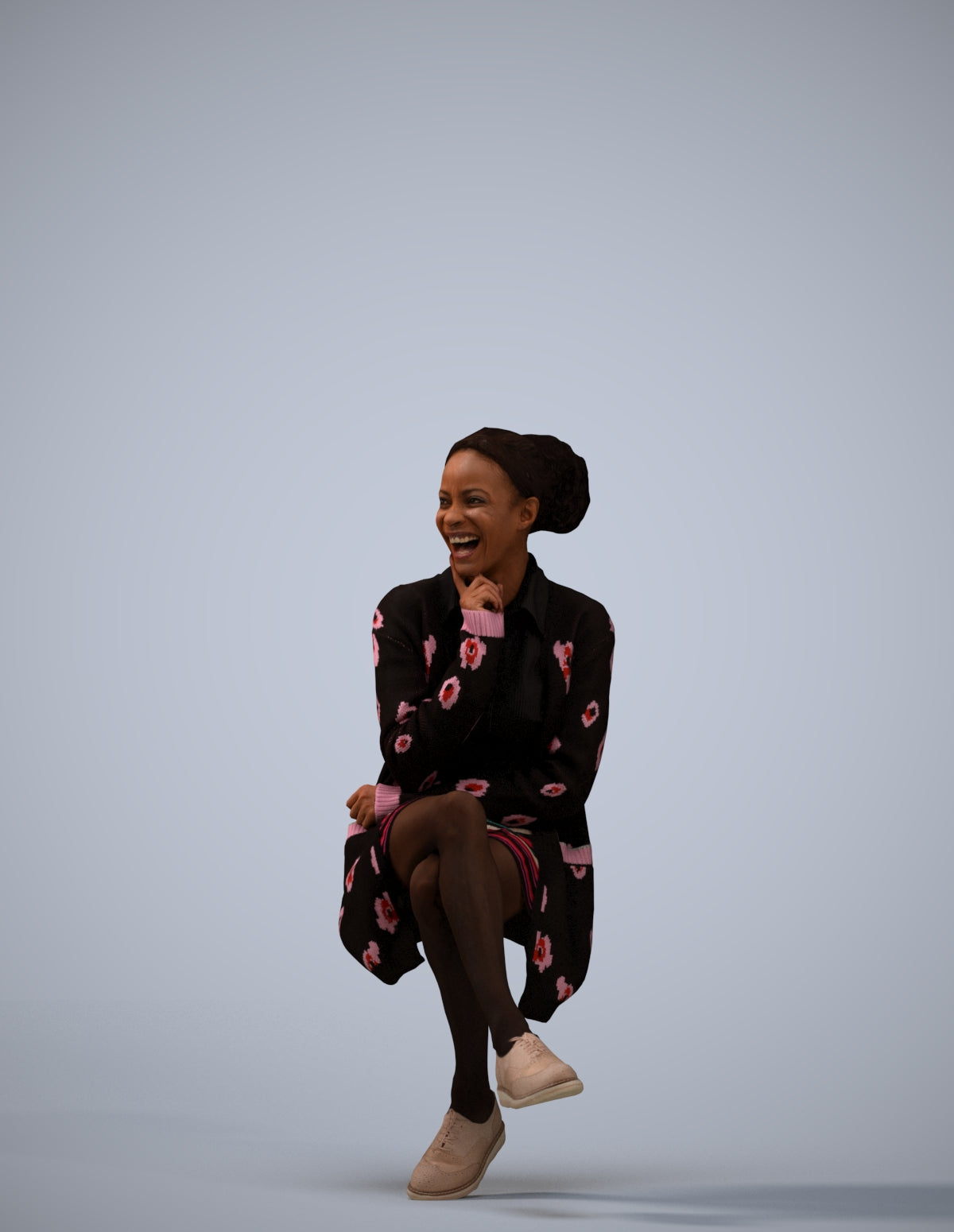 3D human model woman casual sitting, photogrammetry scanned person for archviz